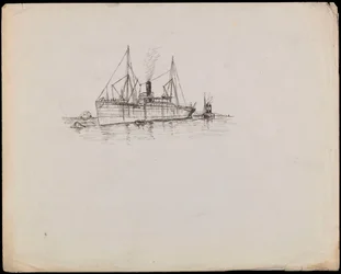Dampfschiff in der Nähe einer Küste mit Schlepper daneben