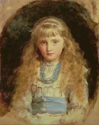Porträt von Beatrice Caird in einem weißen Kleid mit blauer Schärpe