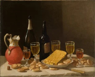 Stillleben mit Flaschen, Wein und Käse 1857