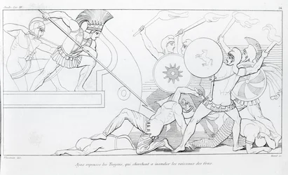Ajax wehrt die Trojaner ab, die versuchen, die griechischen Schiffe zu verbrennen. Zeichnung von John Flaxman (1755 - 1826). Homers Ilias. Gesang XV.