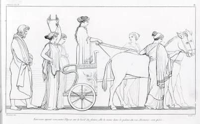 Nausikaa, die soeben Odysseus begegnet ist, bringt ihn zum Palast ihres Vaters, König Alkinoos, zurück. Zeichnung von John Flaxman (1755 - 1826). Homers Odyssee. Gesang VI.