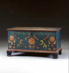 Dekorierte Truhe mit Klappdeckel, hergestellt für Jacob Ober, Rapho Township, Lancaster County, Pennsylvania, USA, 1794