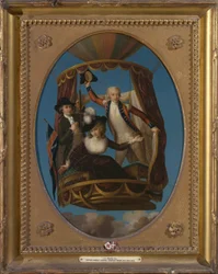 Kapitän Vincenzo Lunardi mit seinem Assistenten George Biggin und Frau Letitia Anne Sage in einem Ballon