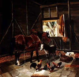 Stallinterieur mit Karrenpferd und Esel