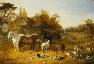 Ein Bauernhof mit Pferden und Ponys, Berkshire, Saddlebacks, Alderney Shorthorn Rinder, Bantams, Stockenten und Perlhühnern, mit einem Landhaus an einem Fluss in der Ferne, 1853