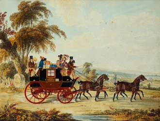 Der Brighton-London-Kutschwagen auf der offenen Straße, 1831