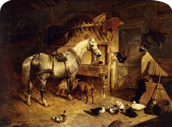 Das Innere eines Stalls mit einem angeschirrten Apfelschimmel sowie Enten, Ziegen und einem Hahn an einer Futterkrippe, 1843