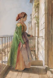 Ein griechisches Mädchen auf einem Balkon stehend