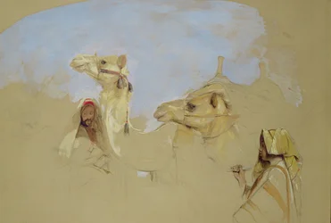 Studie von Kamelen mit beduinischen Treibern in der Wüste des Berges Sinai