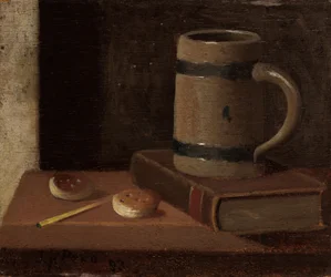 Tasse, Buch, Kekse und Streichholz