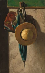 Strohhut, Tasche und Regenschirm
