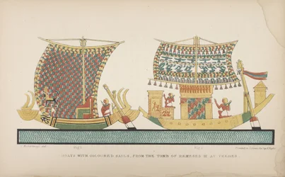 Boote mit farbigen Segeln, aus dem Grab von Ramses III. in Theben, Illustration aus "Sitten und Gebräuche der alten Ägypter...", 1837-41