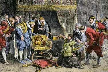 Guy Fawkes vor König James I. von England nach der Pulververschwörung am 5. Nov. 1605. 19. Jahrhundert (Gravur)