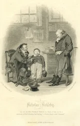Nicholas Nickleby: Wackford Squeers und junger Wackford Squeers, graviert von H.B. Hall und Söhne, 1867