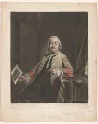 Porträt von Simon Fokke mit dem Druck der Plünderung des Hauses von Gerrit Hagedooren, 1751