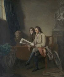 Porträt eines Mannes und eines Jungen, die Drucke betrachten, um 1765-70