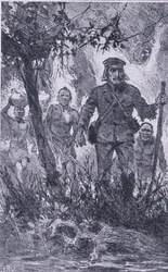 Livingstone schoss auf den Löwen, aber der Löwe griff ihn an, biss seine Schulter und brach seinen linken Arm, Newnes Pictorial Knowledge