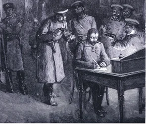 Prinz Alexander unterzeichnet 1886 seine Abdankung, Illustration aus Hutchinsons Geschichte der Nationen, Band 4, ca. 1920er Jahre