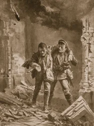 Private A.E. Walker hilft einem verwundeten Kameraden aus einer brennenden Kirche, die als Krankenhaus genutzt wurde