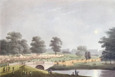 Die Ansicht des Jahrmarkts im Hyde Park, graviert von Matthew Dubourg, 1. August 1814 (kolorierter Kupferstich)