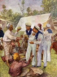 Britische Matrosen auf einem burmesischen Markt