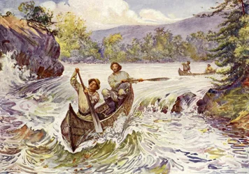 Kanadier schießen Stromschnellen in Kanus