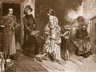 West trifft Ost: wohlhabende Besucher in einer Slumwohnung, Illustration aus 