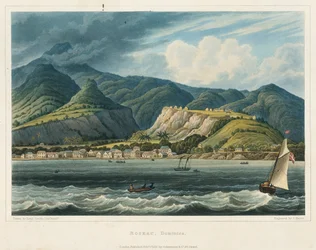 Die Stadt Roseau, Dominica (Karibik). Lithografie (32,2x46,6 cm) von Leutnant John Herbert Caddy (1801-1883)