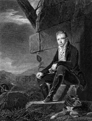 Walter Scott, schottischer Dichter und Romanautor, auf einem Stein sitzend, begleitet von einem Hund