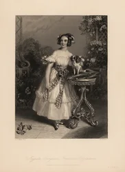 Augusta Georgina Frederica Fitzclarence, Tochter von Lord Frederic Fitzclarence, unehelicher Sohn von König Wilhelm IV. Sie trägt ihr Haar in Locken und Bändern, ein schulterfreies Kleid mit einer Schleife und hält einen King-Charles-Spaniel auf einem Kiss