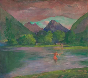 Der Eingang zum Tautira-Fluss, Tahiti. Fischer, der einen Fisch speert