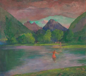 Der Eingang zum Tautira-Fluss, Tahiti. Fischer, der einen Fisch speert, ca. 1895