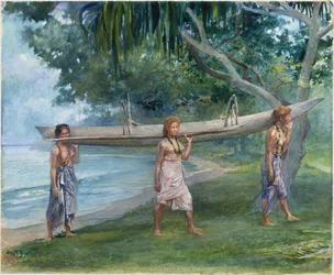 Mädchen tragen ein Kanu, Vaiala in Samoa
