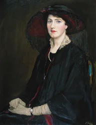 Porträt von Lady Raeburn, sitzend, halblang, in einer Spitzenjacke, Perlenkette und schwarzem Hut
