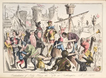Einschiffung von Heinrich V. in Southampton, AD 1415, aus The Comic History of England, veröffentlicht 1864 (handkolorierte Radierung)