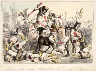 Schrecklicher Kampf zwischen Richard Löwenherz und Saladin, aus The Comic History of England, veröffentlicht 1864 (handkolorierte Radierung)