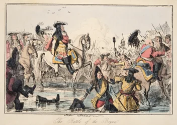 Die Schlacht am Boyne, aus The Comic History of England, veröffentlicht 1864 (handkolorierte Radierung)
