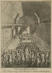 Ansicht des Hauses der Peers mit dem König auf dem Thron, die Commons anwesend