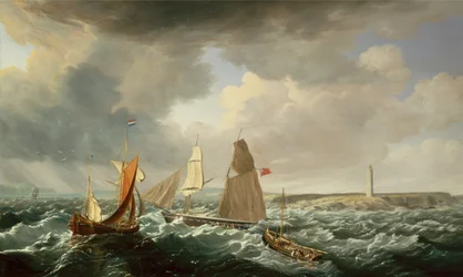 Eine Brigg, ein niederländischer Galiot und Fischerboote