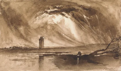 Landschaft mit Turm und herannahendem Sturm