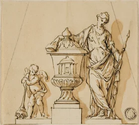 Entwurf für ein Grabdenkmal mit Schicksal, Putto und Urne