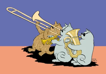 Karikatur von drei Katzen mit Sonnenbrillen, die Posaune, Trompete und Tuba spielen