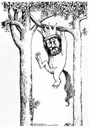 Oliver Knussen, Karikatur hängend an einem Baum mit Krone - Englischer Komponist und Dirigent
