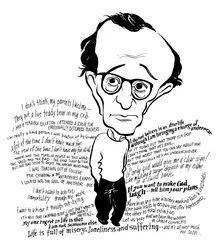 Woody Allen Karikatur, amerikanischer Filmregisseur, Schriftsteller, Schauspieler, Komiker und Dramatiker