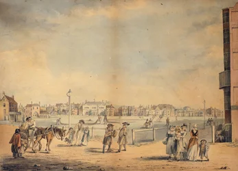 Brighton, zeigt Miss Widgetts Leihbibliothek, Marlborough House, das Castle Inn und Assembly Rooms und den Marine Pavilion, 1792
