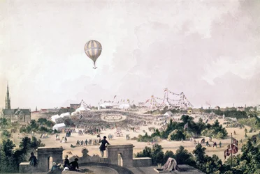 Ein Heißluftballon über Fancy Fair, Princess Park, Liverpool, August 1849