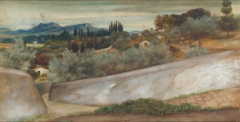 Eine toskanische Landschaft mit Dorf und Olivenhain