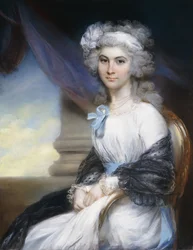 Porträt von Miss Sophia Vansittart, dreiviertel Länge, trägt ein weißes Kleid mit einem weißen Band um ihr gepudertes Haar und einen schwarzen Schal um ihre Schultern, sitzt neben einer klassischen Säule