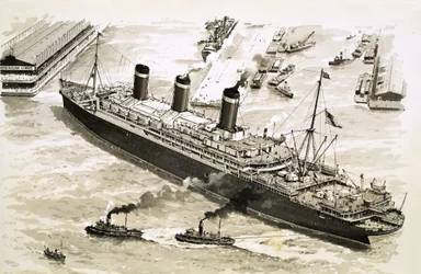 Der Dampfer Leviathan wird von Schleppern zu einem Pier im Hafen von New York gelotst