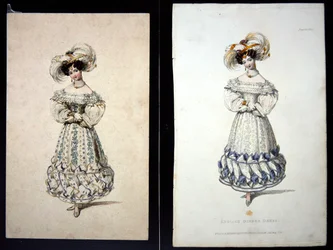 Skizze und Druck einer Modeplatte, ca. 1829